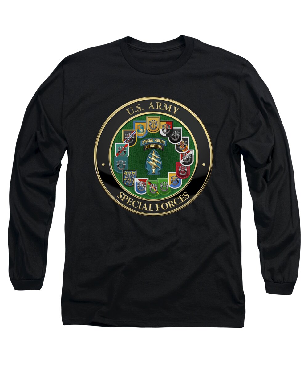 Army Special Forces Collection By Serge Averbukh Long Sleeve T-Shirt featuring the digital art Army Special Forces - S F Patch with S F Groups Flashes over Black Velvet by Serge Averbukh
