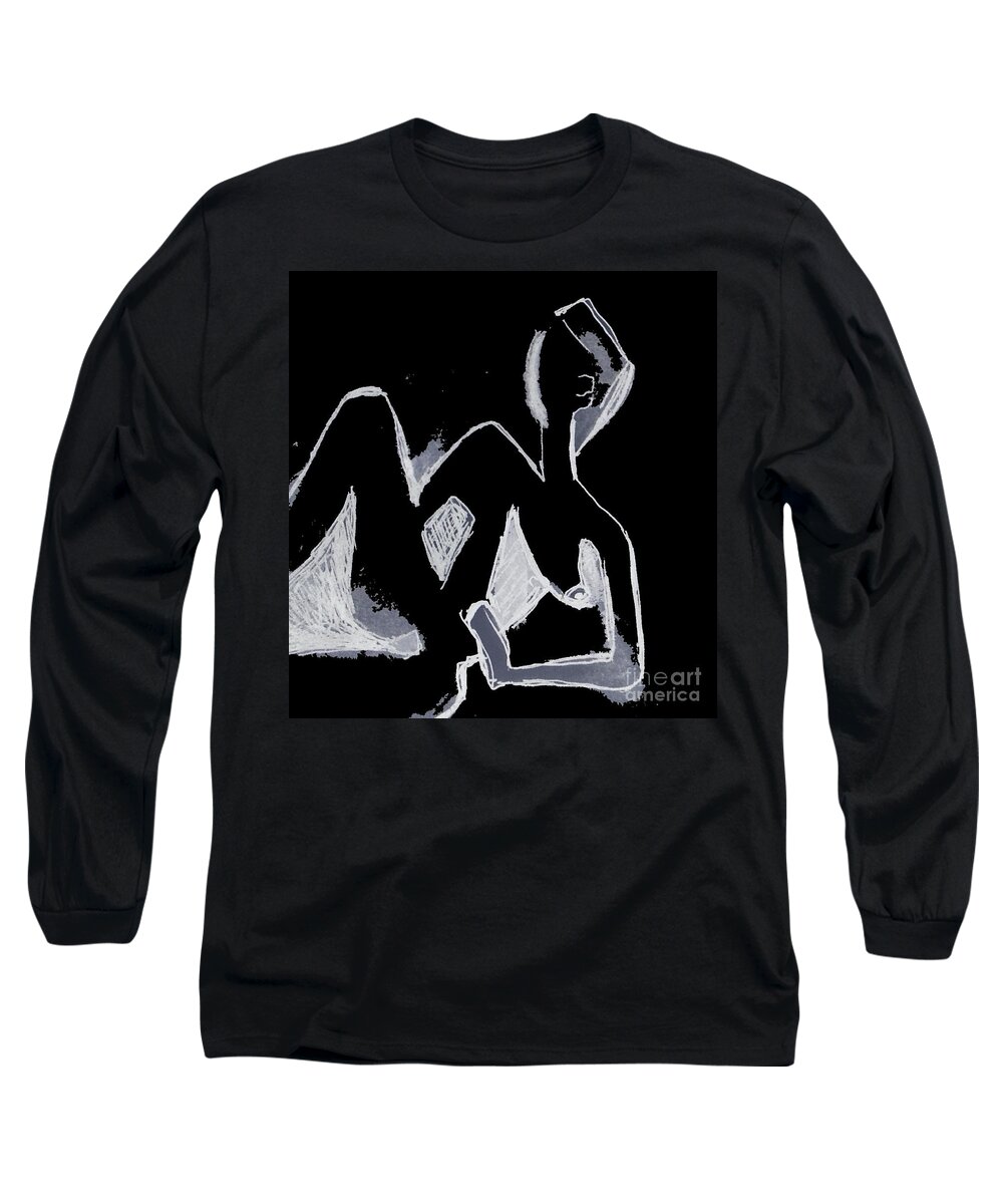 Nude Long Sleeve T-Shirt featuring the drawing Black and white nude - by Vesna Antic by Vesna Antic