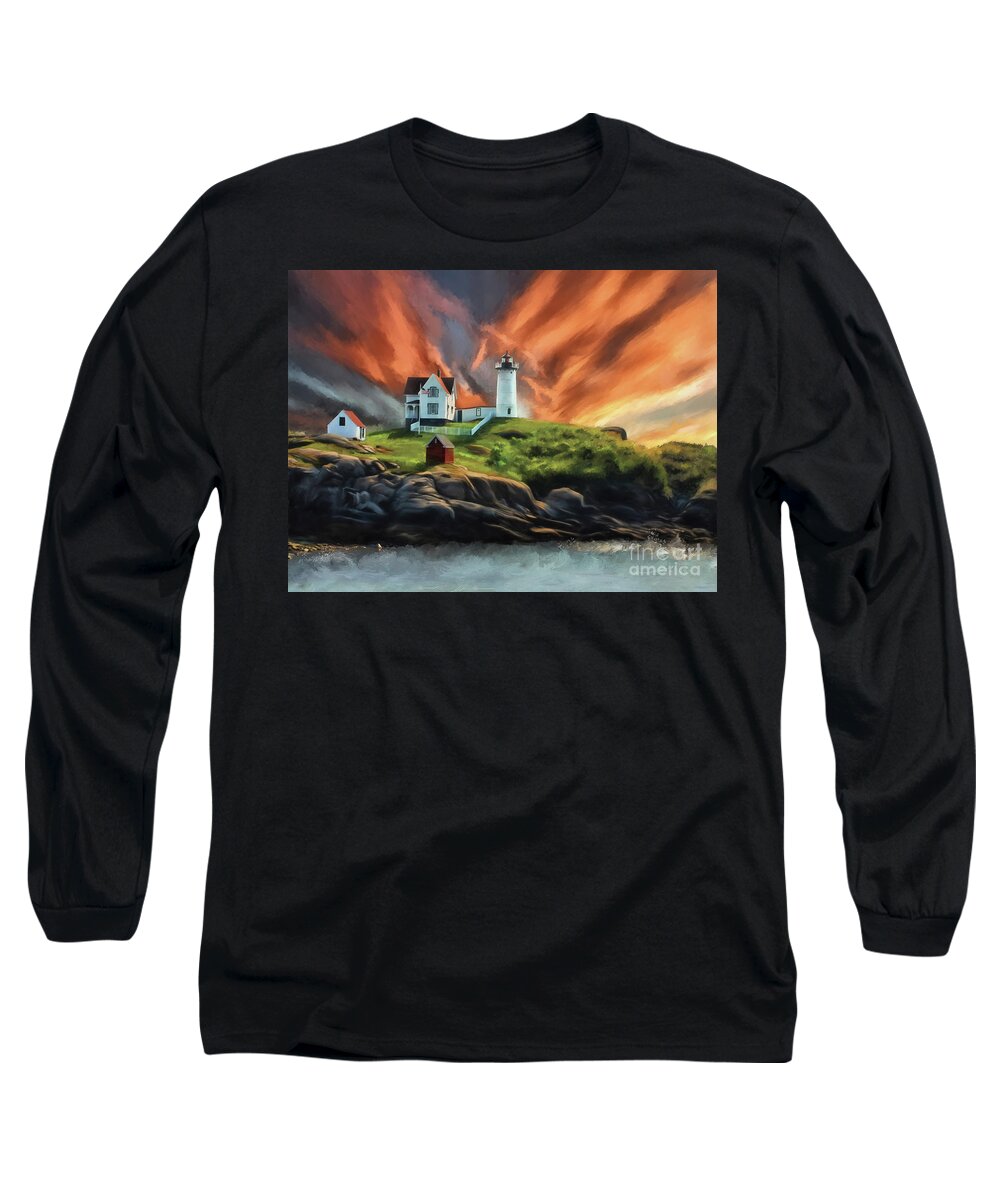 Lighthouse Long Sleeve T-Shirt featuring the digital art Cape Neddick Nubble Lighthouse by Lois Bryan