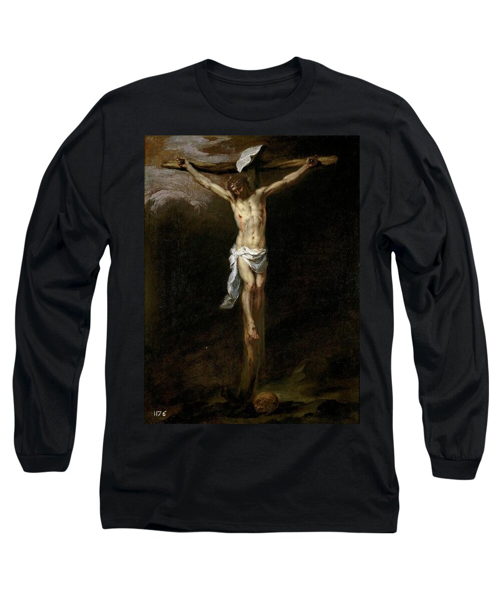 Bartolome Esteban Murillo Long Sleeve T-Shirt featuring the painting 'Christ Crucified', ca. 1677, Spanish School, Oil on canvas, 71 cm x... by Bartolome Esteban Murillo -1611-1682-