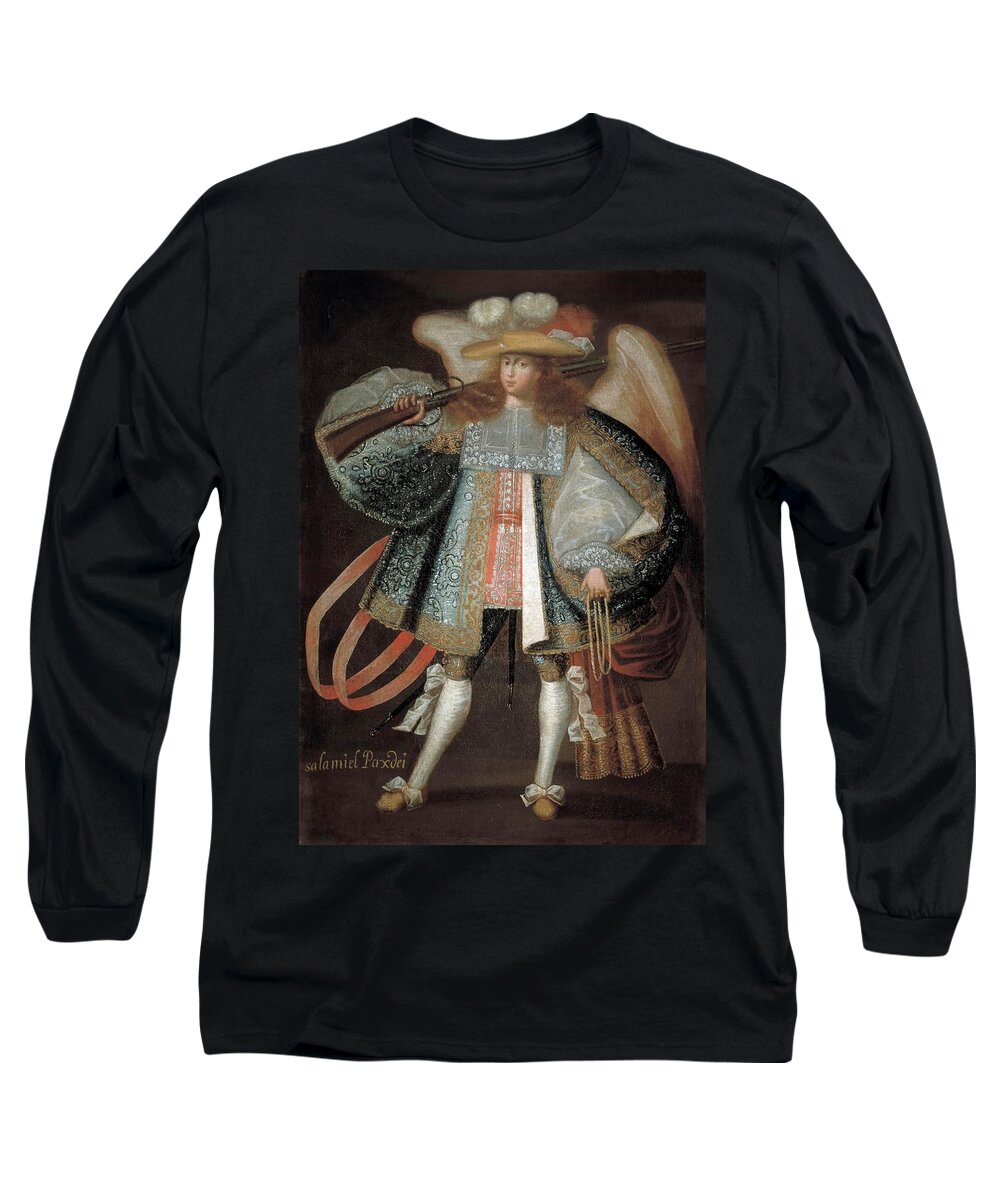 Baroque Art Long Sleeve T-Shirt featuring the painting Circle Of The Master Of Calamarca, Lake Titicaca School, Peru 'arcangel Con Fusil Salamiel Pax D... by Album