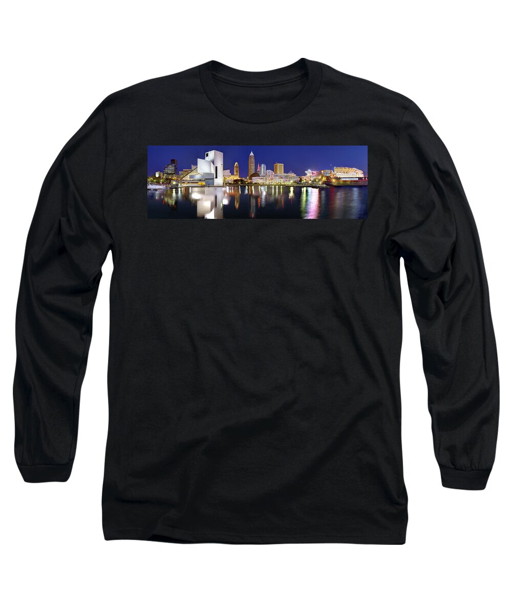 Cleveland Skyline Long Sleeve T-Shirt featuring the photograph Cleveland Skyline at Dusk Rock Roll Hall Fame by Jon Holiday