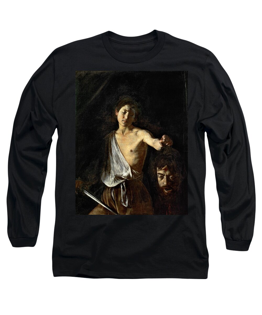 Caravaggio Long Sleeve T-Shirt featuring the painting David with the head of Goliath, c.1605-1610, oil on canvas, 125 cm x 100cm. CARAVAGGIO. by Caravaggio -c 1570-1610-
