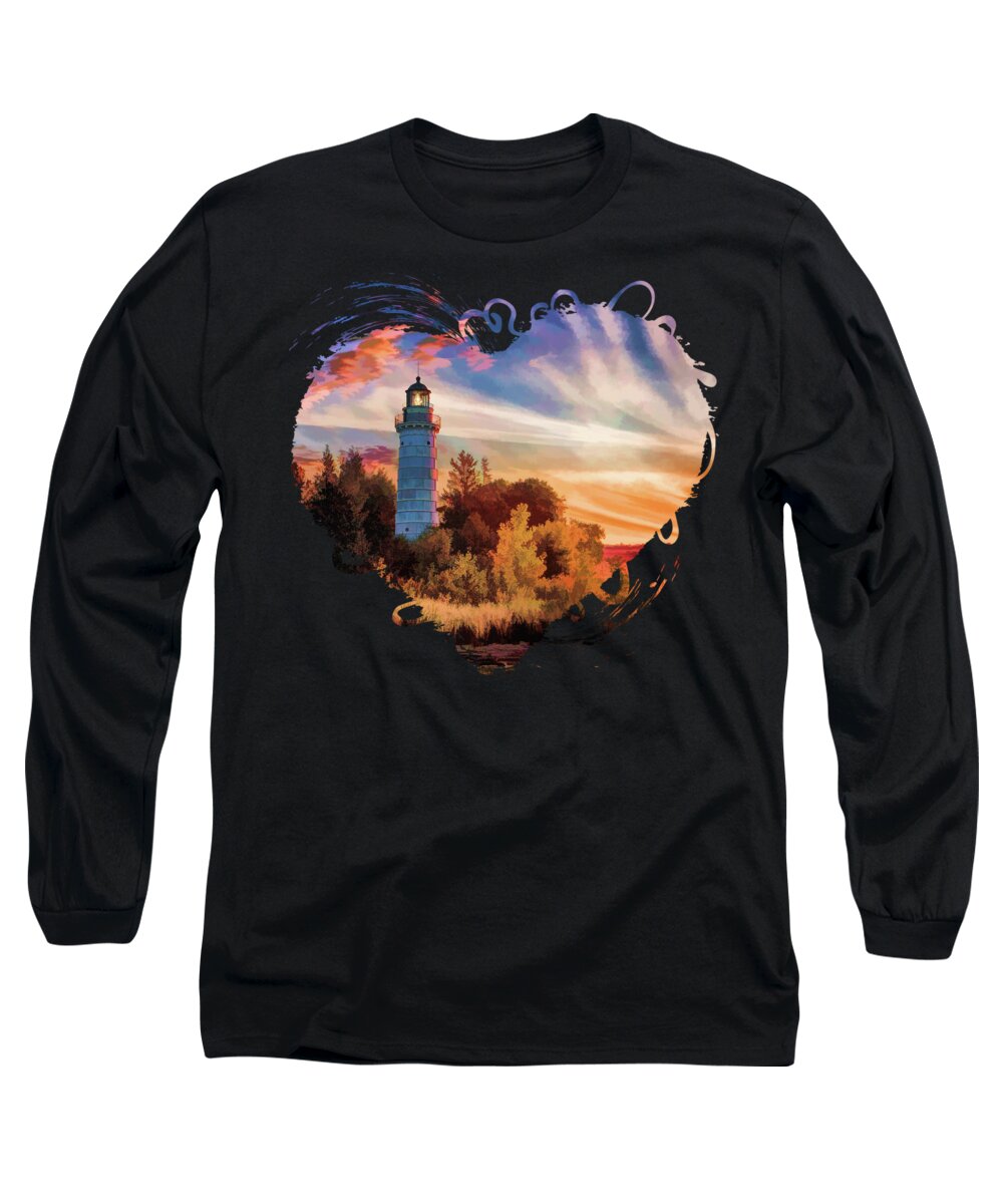 Door County Long Sleeve T-Shirt featuring the painting Door County Cana Island Lighthouse Sunrise Panorama by Christopher Arndt