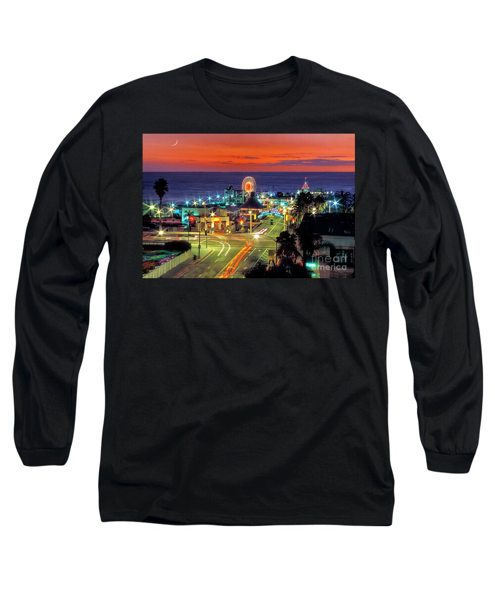Santa Monica Long Sleeve T-Shirt featuring the photograph Fiery Sunset Santa Monica Pier by David Zanzinger