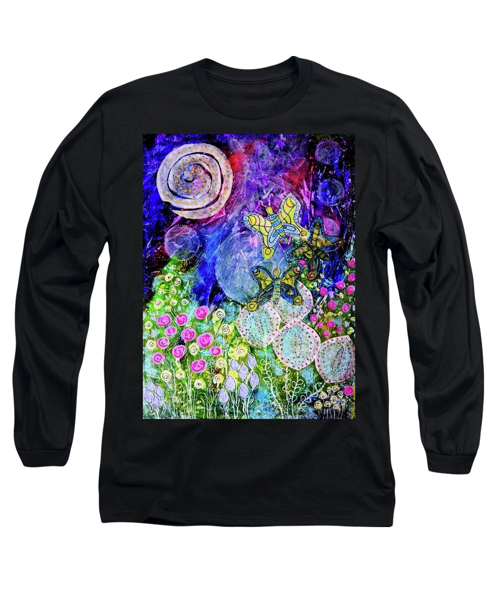 Luna Long Sleeve T-Shirt featuring the mixed media Flight of the Lunar Moths by Mimulux Patricia No