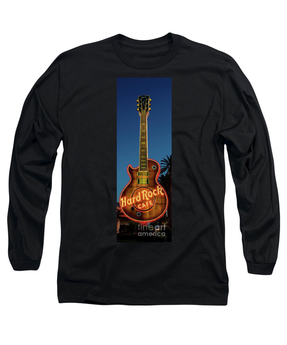 Las Vegas Strip Long Sleeve T-Shirt featuring the photograph Hard Rock Hotel Guitar at Sunrise Front View 3 to 1 Ratio R.I.P. by Aloha Art