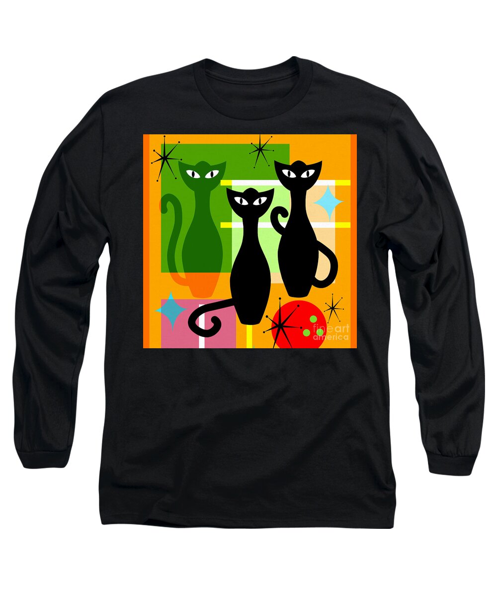 Wingsdomain Long Sleeve T-Shirt featuring the digital art Mid Century Modern Abstract MCM Bowling Alley Cats 20190113 square by Wingsdomain Art and Photography