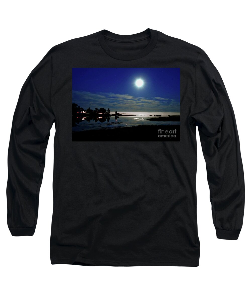 Full Moon Rising Over Paddy Creek Kennebunk Maine Long Sleeve T-Shirt featuring the photograph Moon Rising Over Paddy Creek by Jim Calarese