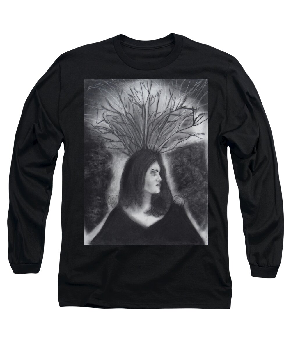 Charcoal Art Long Sleeve T-Shirt featuring the drawing Mother Earth by Nadija Armusik