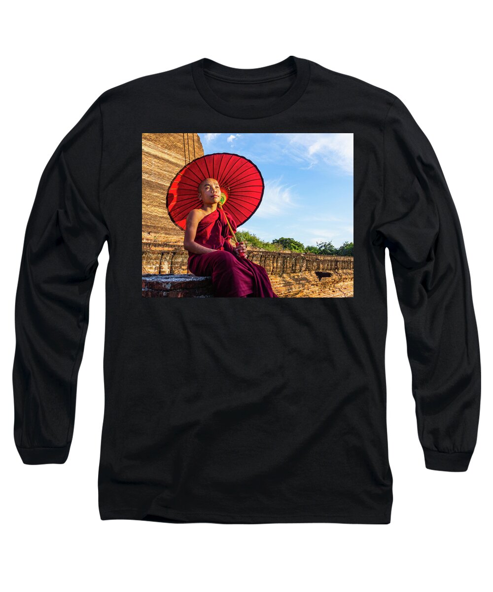 Boy Long Sleeve T-Shirt featuring the photograph Novice Monk In The Sun by Ann Moore