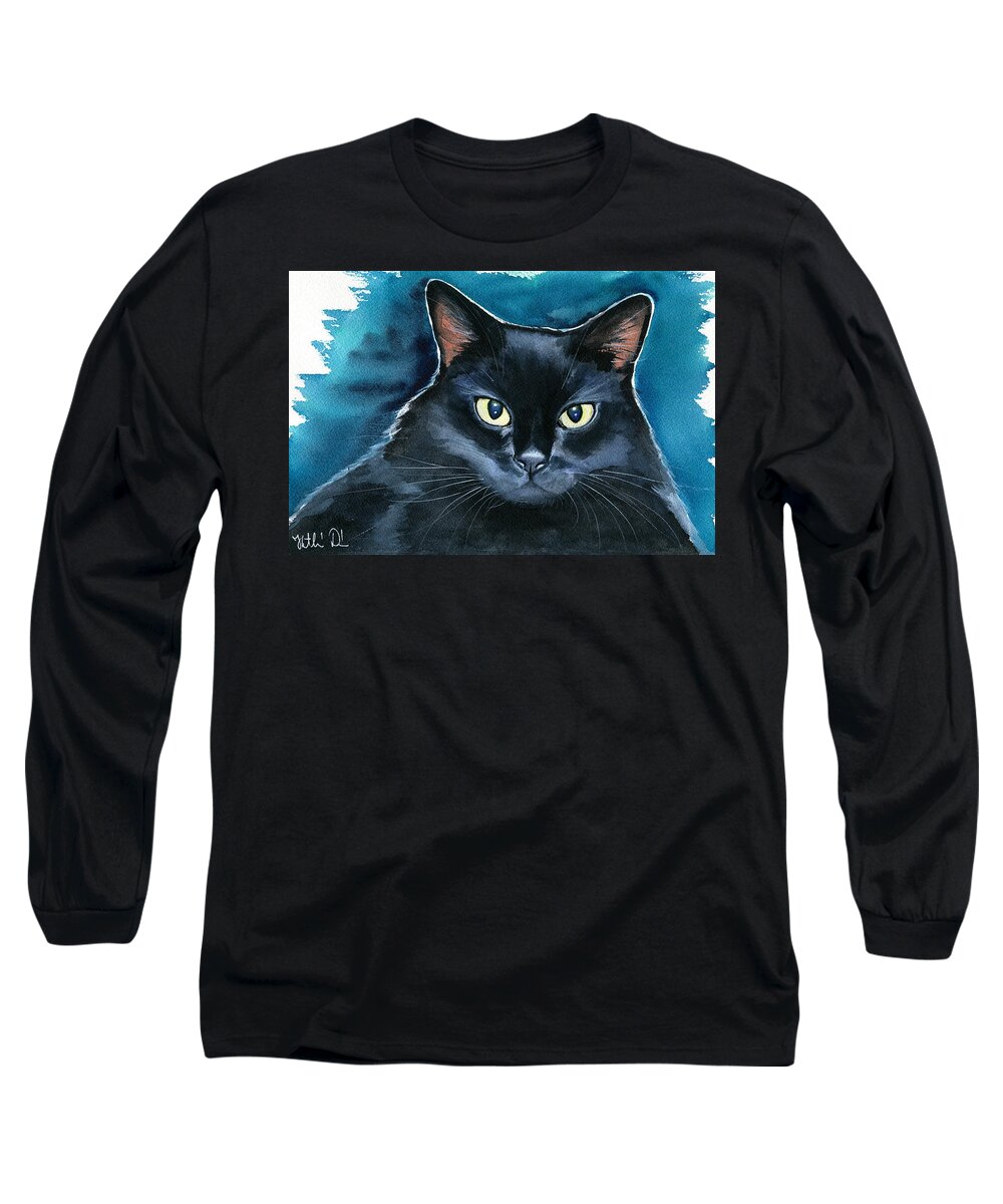 Black Cat Long Sleeve T-Shirt featuring the painting Ozzy Black Cat Painting by Dora Hathazi Mendes