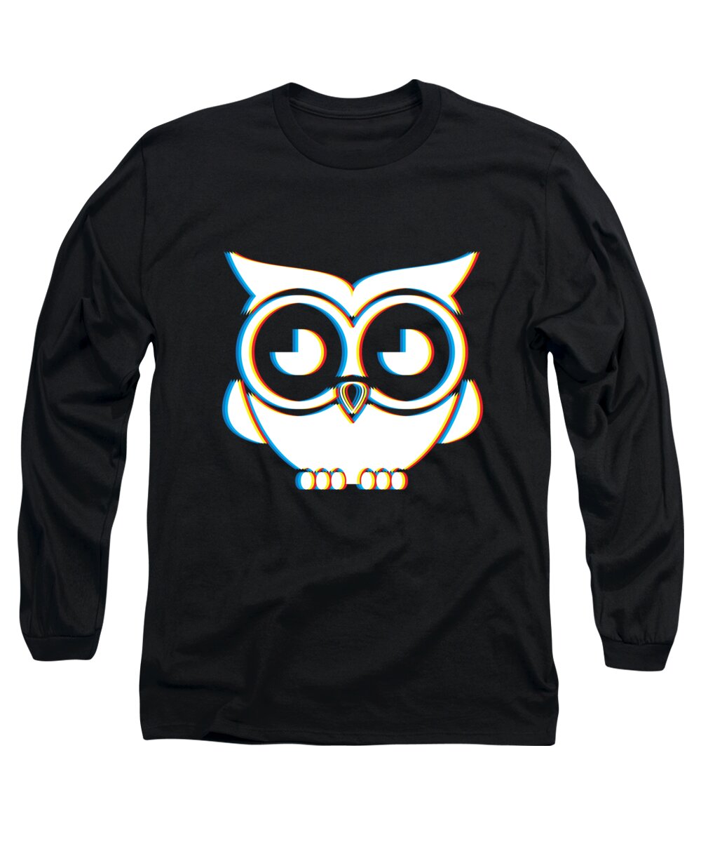 Funny Tshirt Long Sleeve T-Shirt featuring the digital art Psychedelic Owl Gift Psy Trance Music Trippy Retro 3D Effect Design for Animal Lovers #2 by Martin Hicks