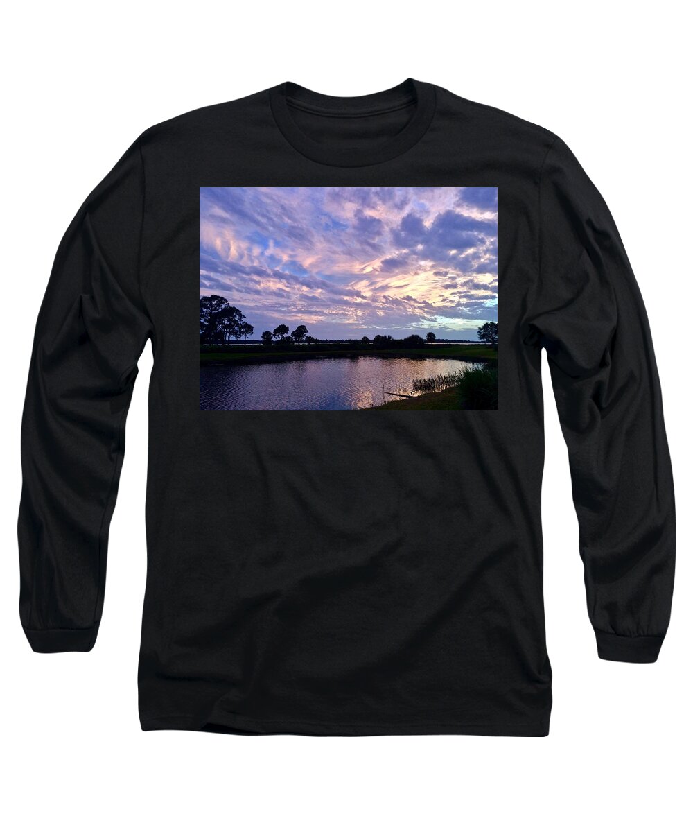 Sunset Long Sleeve T-Shirt featuring the photograph Purple Skies Over Water by Kathy Chism