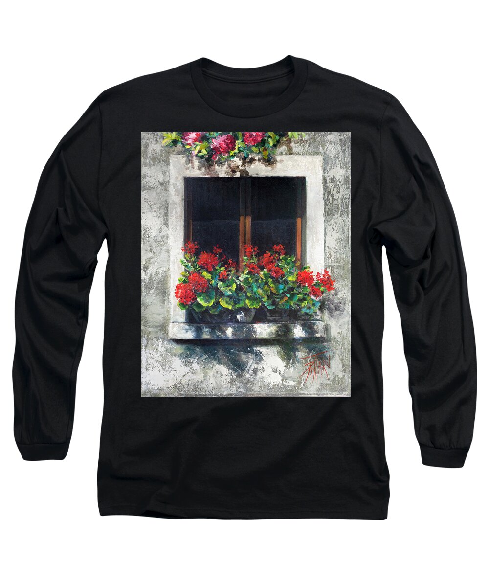 Red Geraniums Long Sleeve T-Shirt featuring the painting Red Geraniums Window by Lynne Pittard