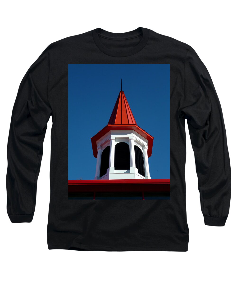 Architectural Long Sleeve T-Shirt featuring the photograph Red Spire Against Blue Sky by Mike McBrayer