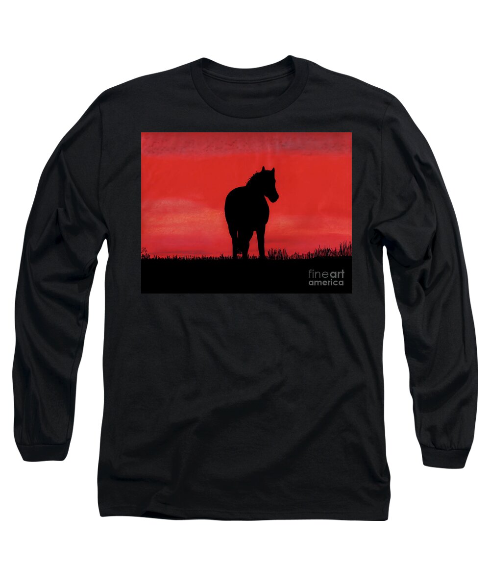 Horse Long Sleeve T-Shirt featuring the drawing Red Sunset Horse by D Hackett
