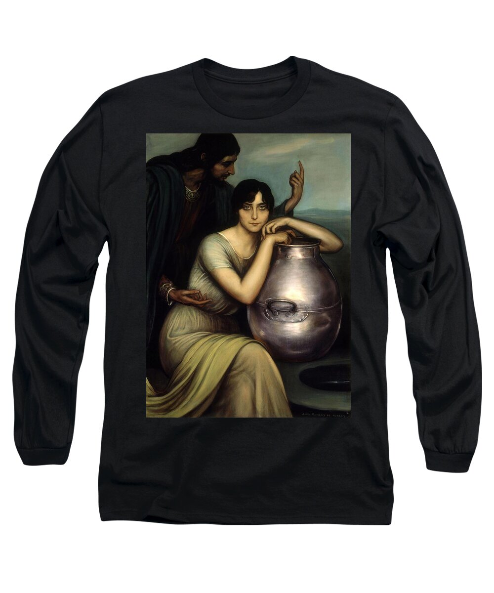 Jesus Long Sleeve T-Shirt featuring the painting 'Samaritan Woman' 1920, Oil on canvas, 108 x 88 cm. JULIO ROMERO DE TORRES . JESUS. Samaritana. by Julio Romero de Torres -1874-1930-