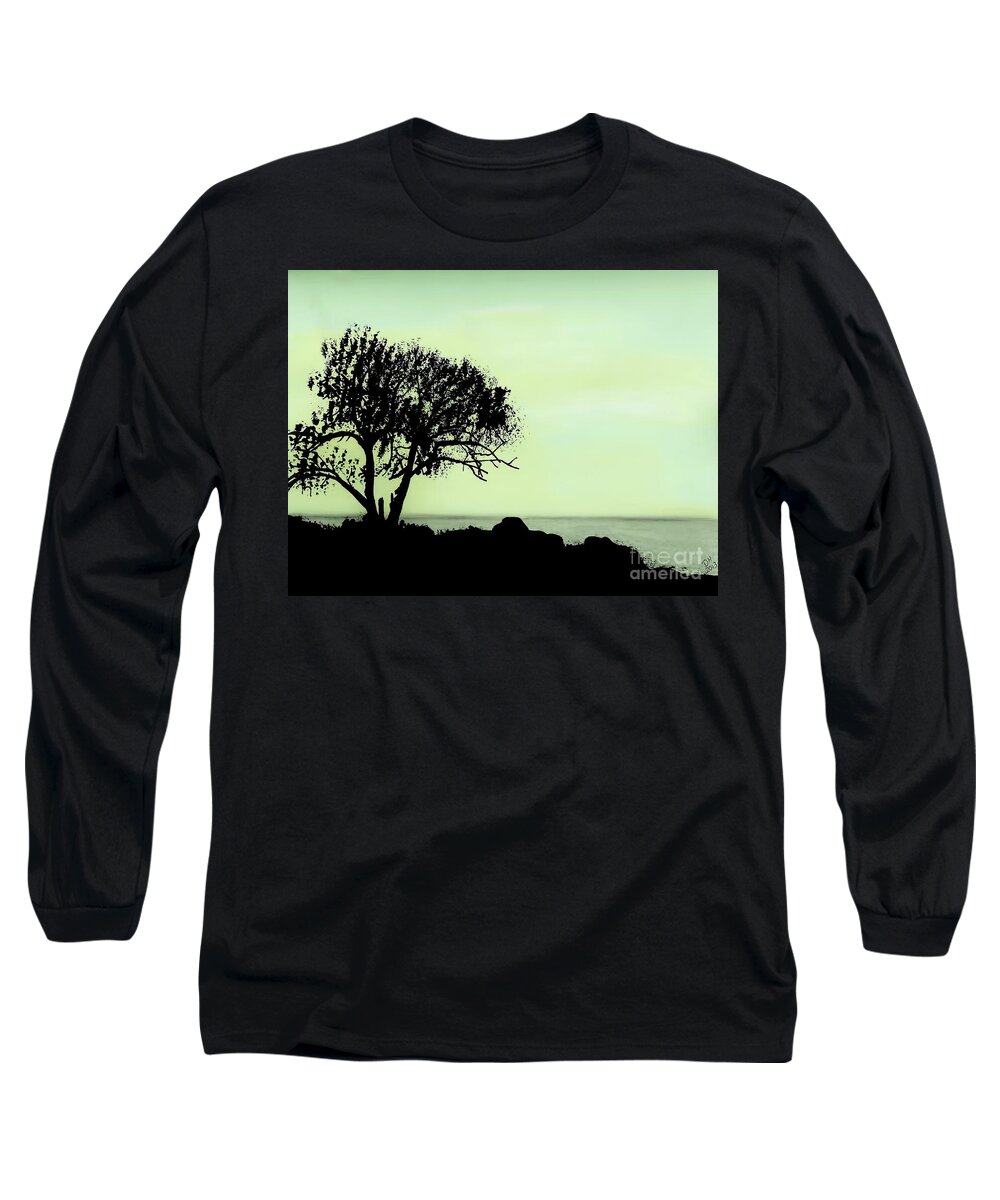 Twilight Long Sleeve T-Shirt featuring the drawing Seashore Silhouette by D Hackett