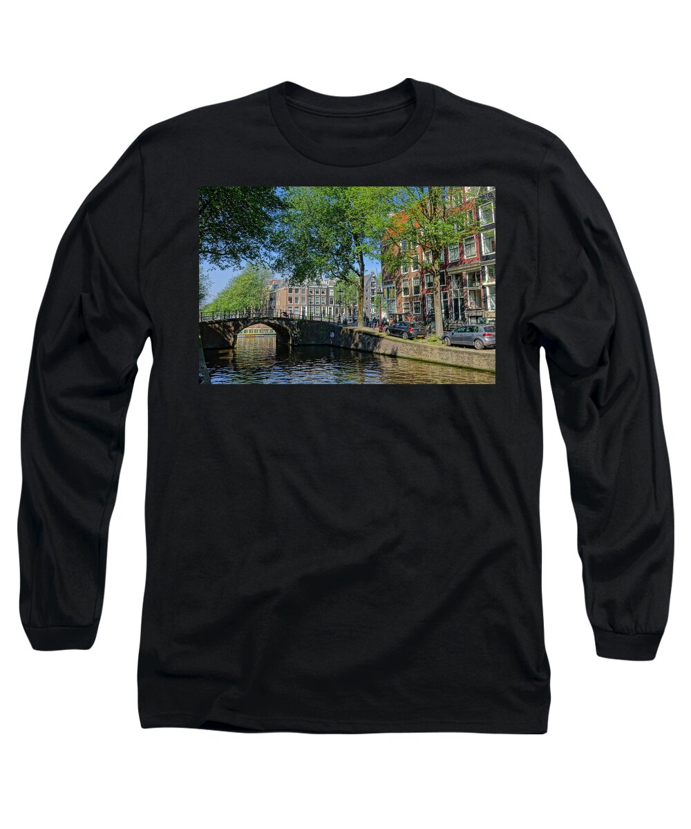 Canal Long Sleeve T-Shirt featuring the photograph Tree Lined Canal in Amsterdam by Patricia Caron