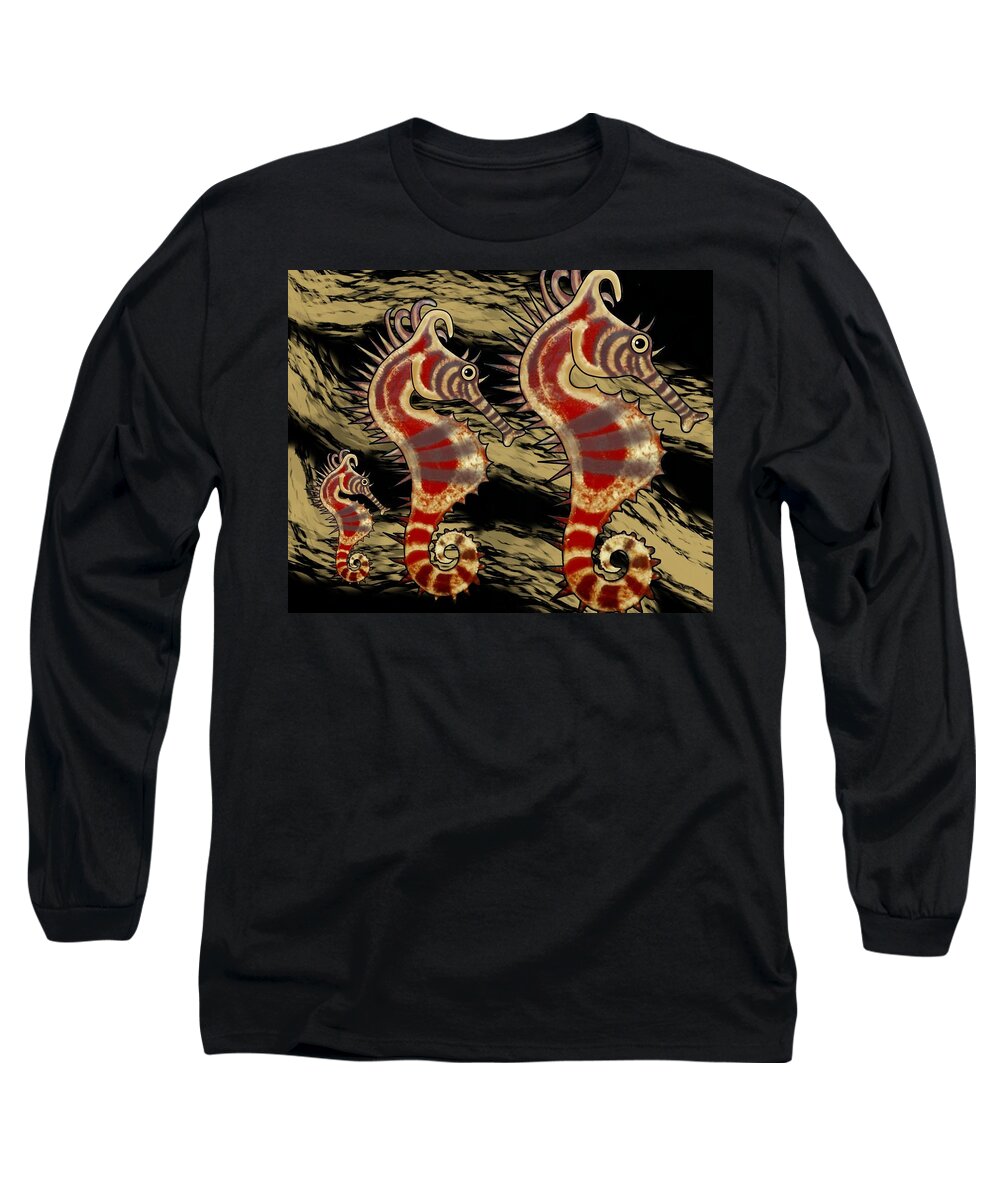 Seahorse Long Sleeve T-Shirt featuring the mixed media Seahorses SheHorse Three on Black and Gold by Joan Stratton