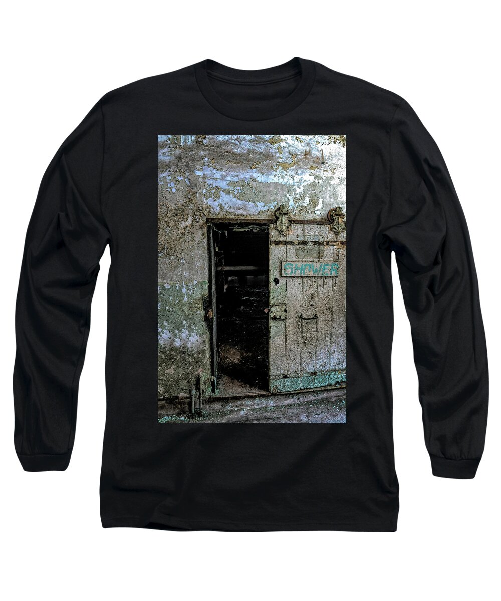 Eastern State Penitentiary Long Sleeve T-Shirt featuring the photograph Shower Room by Tom Singleton