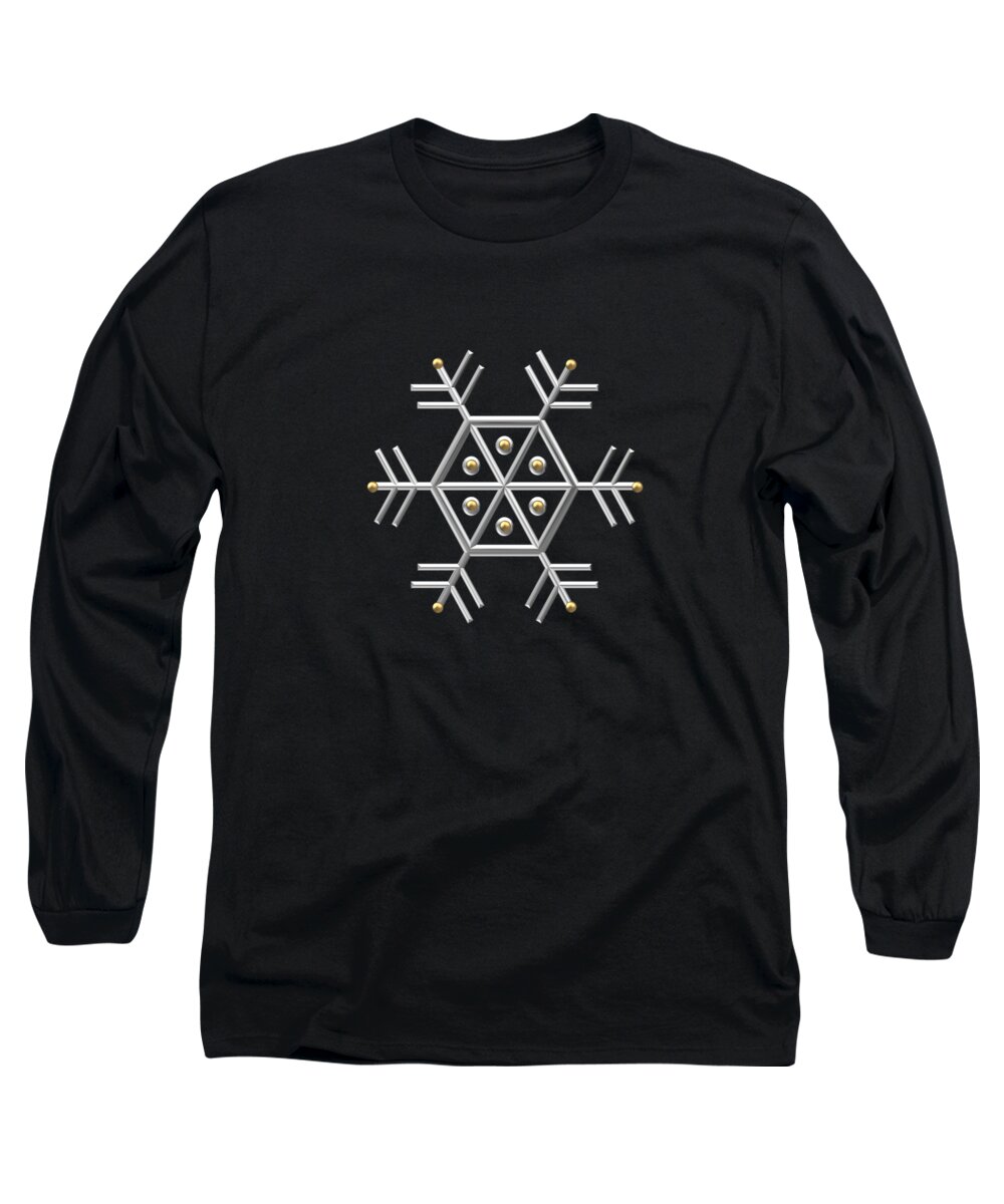 Silver And Gold Snowflake 2 At Midnight Long Sleeve T-Shirt featuring the digital art Silver and Gold Snowflake 2 at Midnight by Rose Santuci-Sofranko