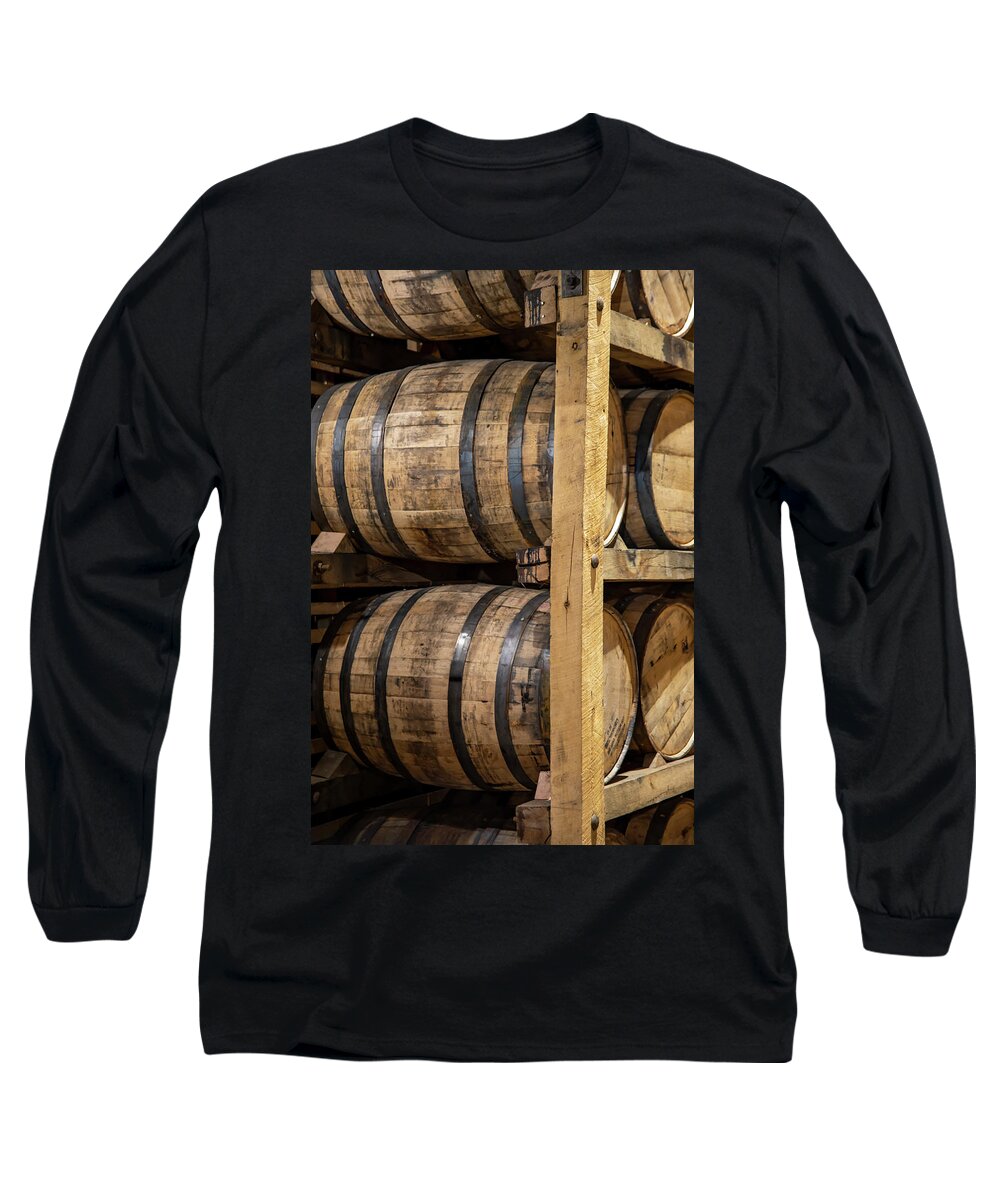 Tennessee Whiskey Trail Long Sleeve T-Shirt featuring the photograph Stack of whisky in oak barrels by Karen Foley