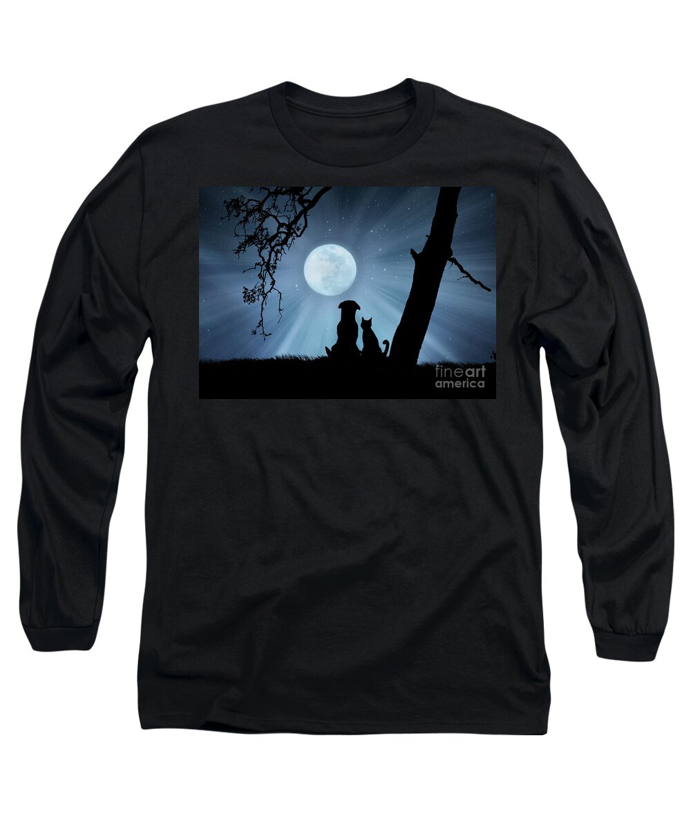 Kid's Room Long Sleeve T-Shirt featuring the photograph Super Cute Cat and Dog Watching the Moon by Stephanie Laird