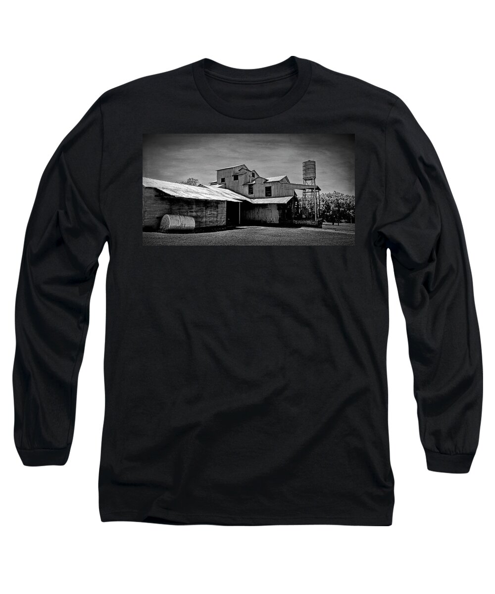 Cotton Long Sleeve T-Shirt featuring the photograph Texas Cotton Gin Museum Black and White by Judy Vincent