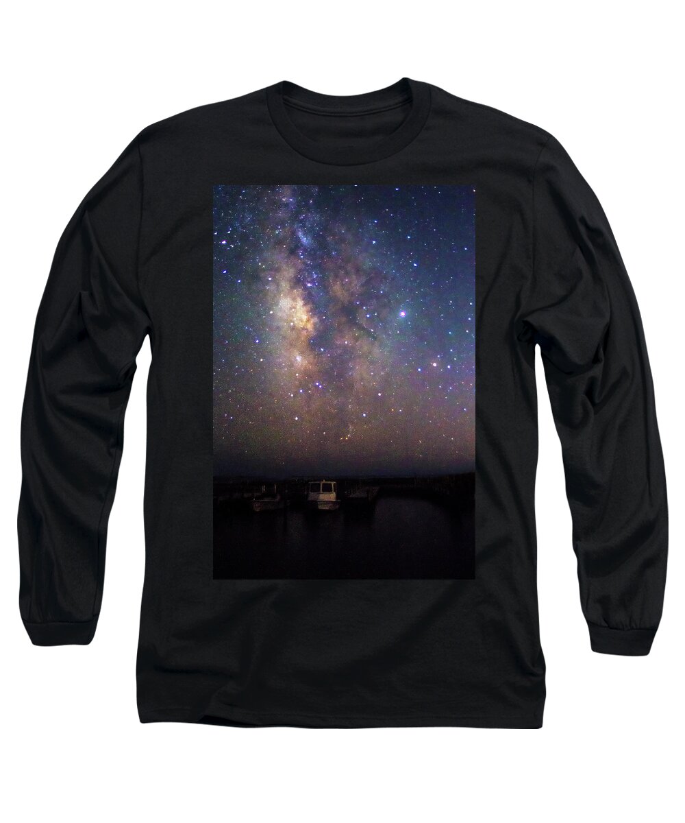 Milkyway Long Sleeve T-Shirt featuring the photograph The Milkyway Over Harkers Island Boats by Bob Decker
