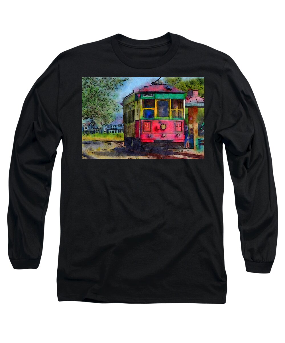 Historic Trolly Long Sleeve T-Shirt featuring the mixed media Trolly Car by Bonnie Bruno