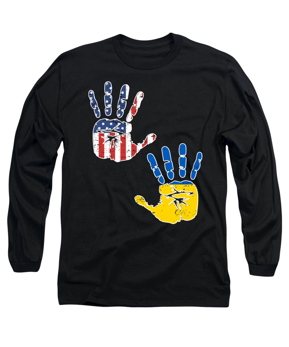 Ukrainian American Gift Long Sleeve T-Shirt featuring the digital art USA Ukraine Handprint Flag Proud Ukrainian American Heritage Biracial American Roots Culture Descendents by Martin Hicks