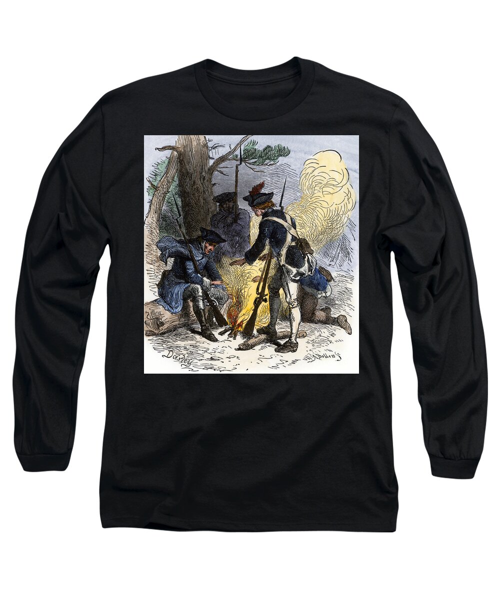 War Long Sleeve T-Shirt featuring the drawing War Of Independence Or American Revolution (1775-1783) Tired American Soldiers Gather To Heat Themselves Around A Campfire In Valley Forge (pennsylvania) Coloured Water, 19th Century by American School