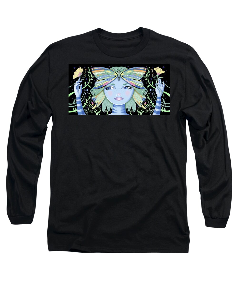 Fantasy Long Sleeve T-Shirt featuring the digital art Insect Girl, Winga - Oblong Black by Valerie White