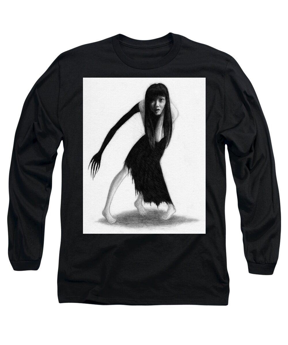 Horror Long Sleeve T-Shirt featuring the drawing Woman With The Black Arm Of Demon Ghost Artwork by Ryan Nieves