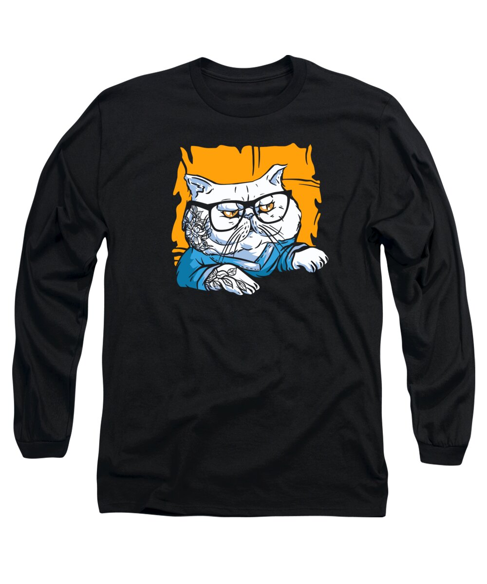 Cat Long Sleeve T-Shirt featuring the digital art Stylish Nerd Persian Cat Beanie Glasses Tattoo #1 by Toms Tee Store