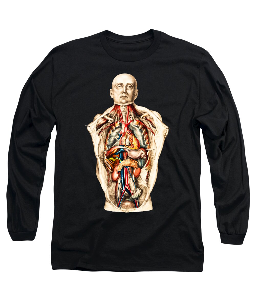 Retro Long Sleeve T-Shirt featuring the painting Vintage Victorian Internal Organs Medicine Human Anatomy 1860s by Peter Ogden