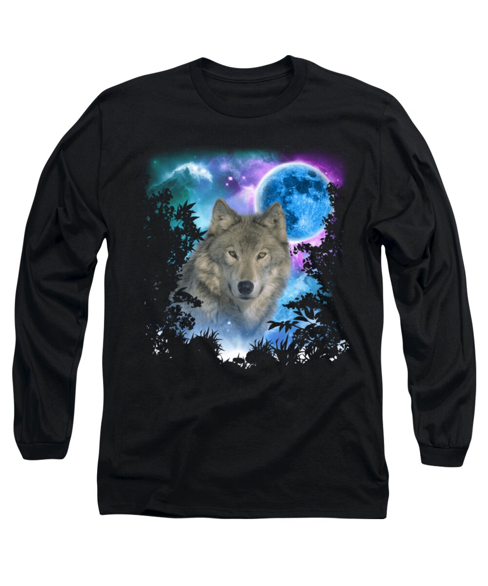 Wolf Long Sleeve T-Shirt featuring the digital art Wolf Go To The Moon Art #1 by Tinh Tran Le Thanh