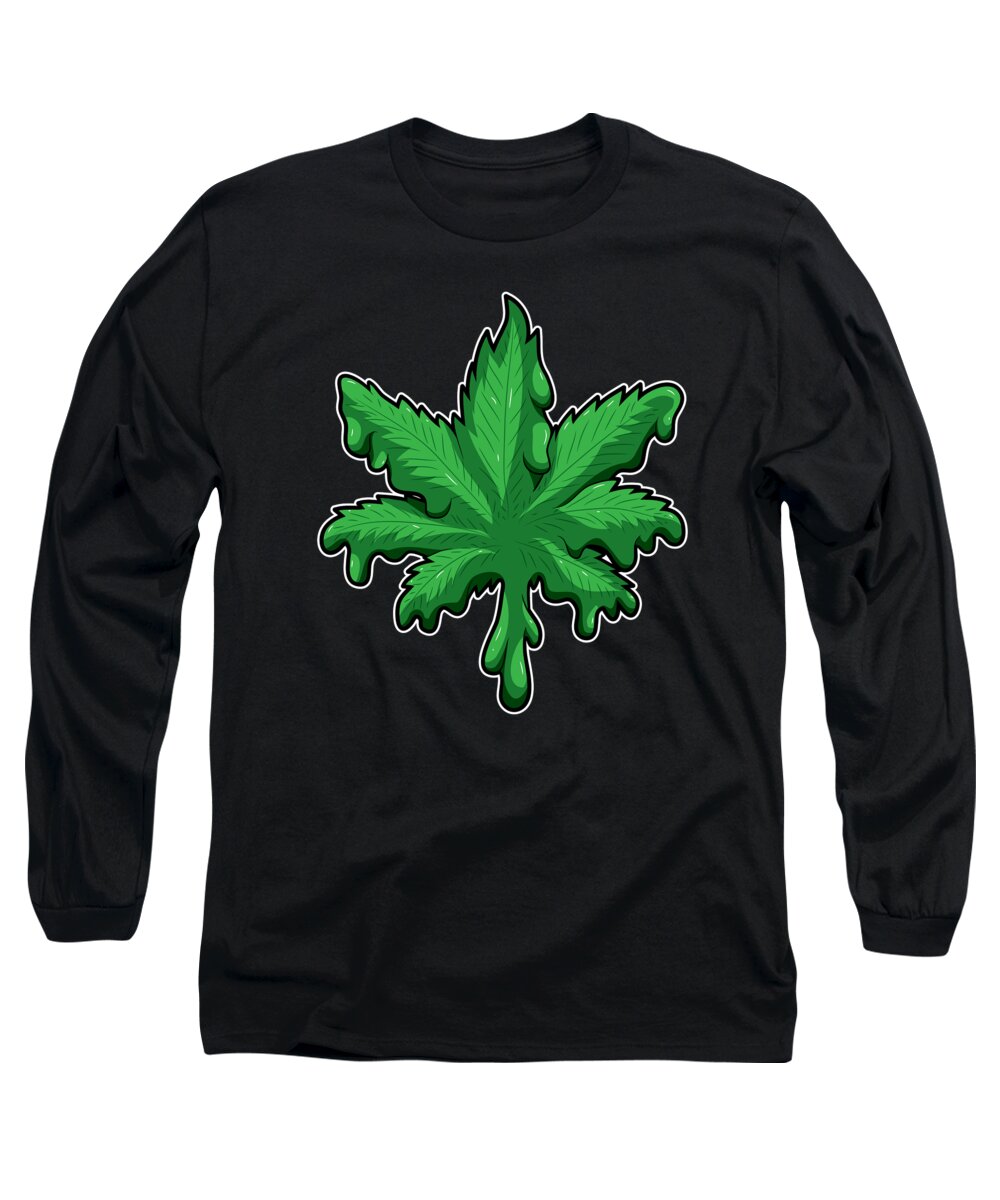 Cannabis Long Sleeve T-Shirt featuring the digital art Cannabis Leaf Melts Melting Weed THC CBD #2 by Mister Tee