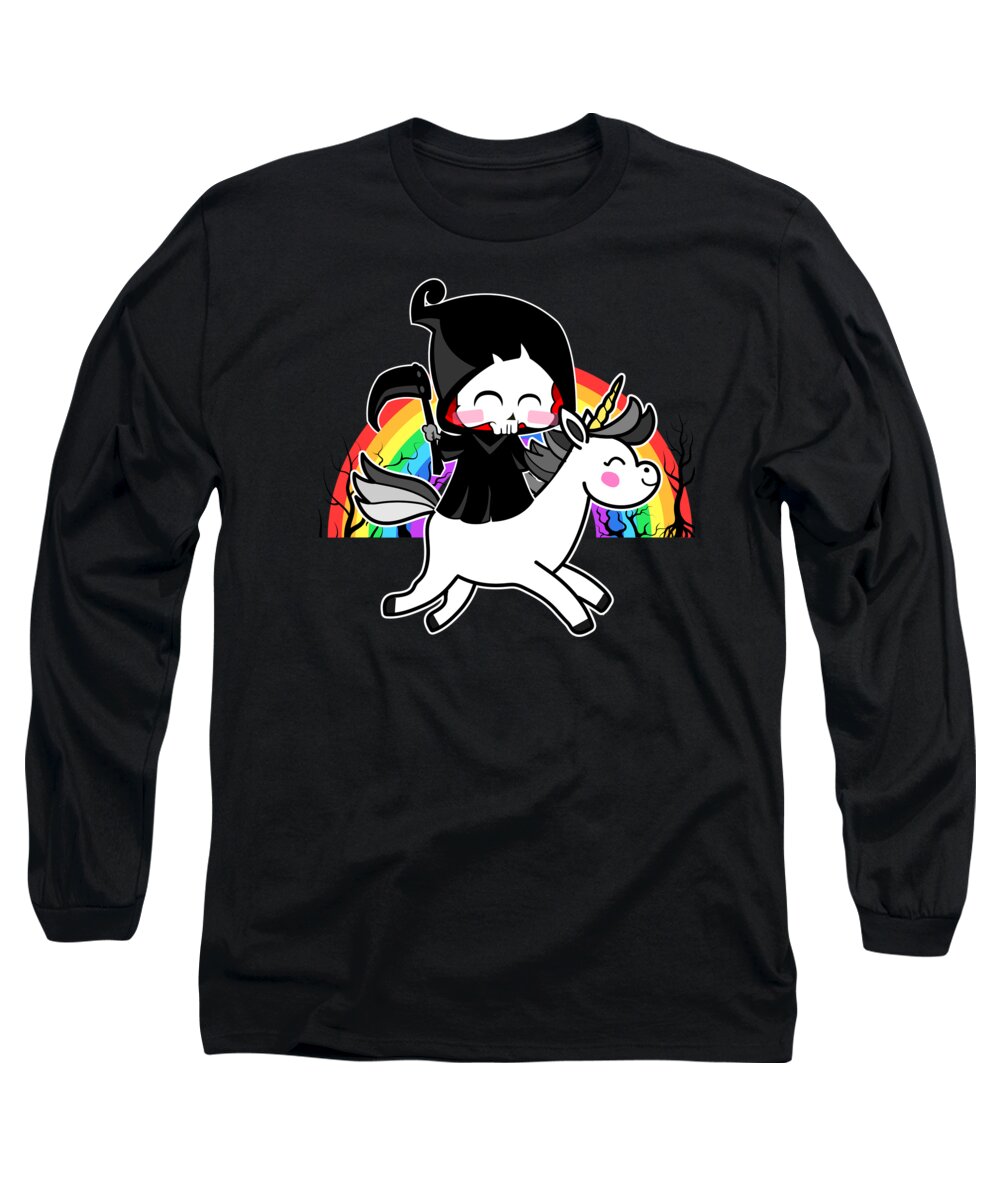 Mythical Creature Long Sleeve T-Shirt featuring the digital art Death Is Magic Unicorn Grim Reaper Rainbow #2 by Mister Tee