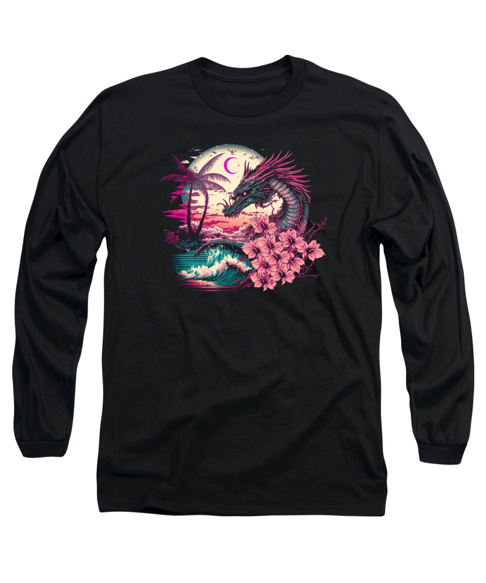 Dragon Long Sleeve T-Shirt featuring the digital art Dragon Vaporwave Abstract Landscape Moon Tree Waterfall #2 by Toms Tee Store