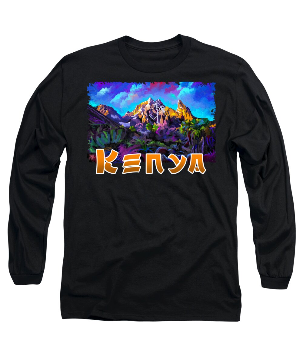Mt Kenya Long Sleeve T-Shirt featuring the painting Mountain of God - Mwenenyaga by Anthony Mwangi