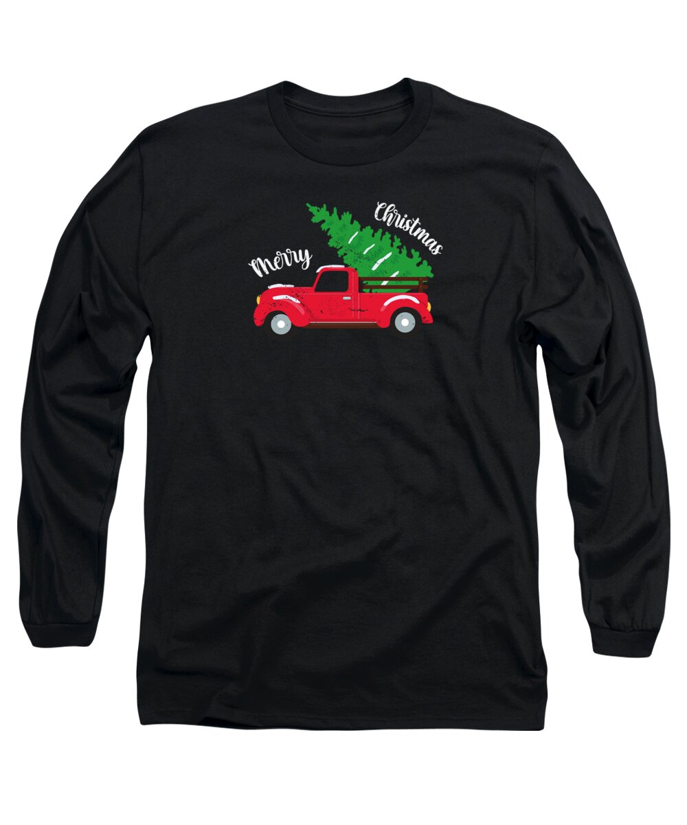 Red Christmas Wagon Long Sleeve T-Shirt featuring the digital art Vintage Wagon Christmas Pickup Truck Retro #2 by Toms Tee Store