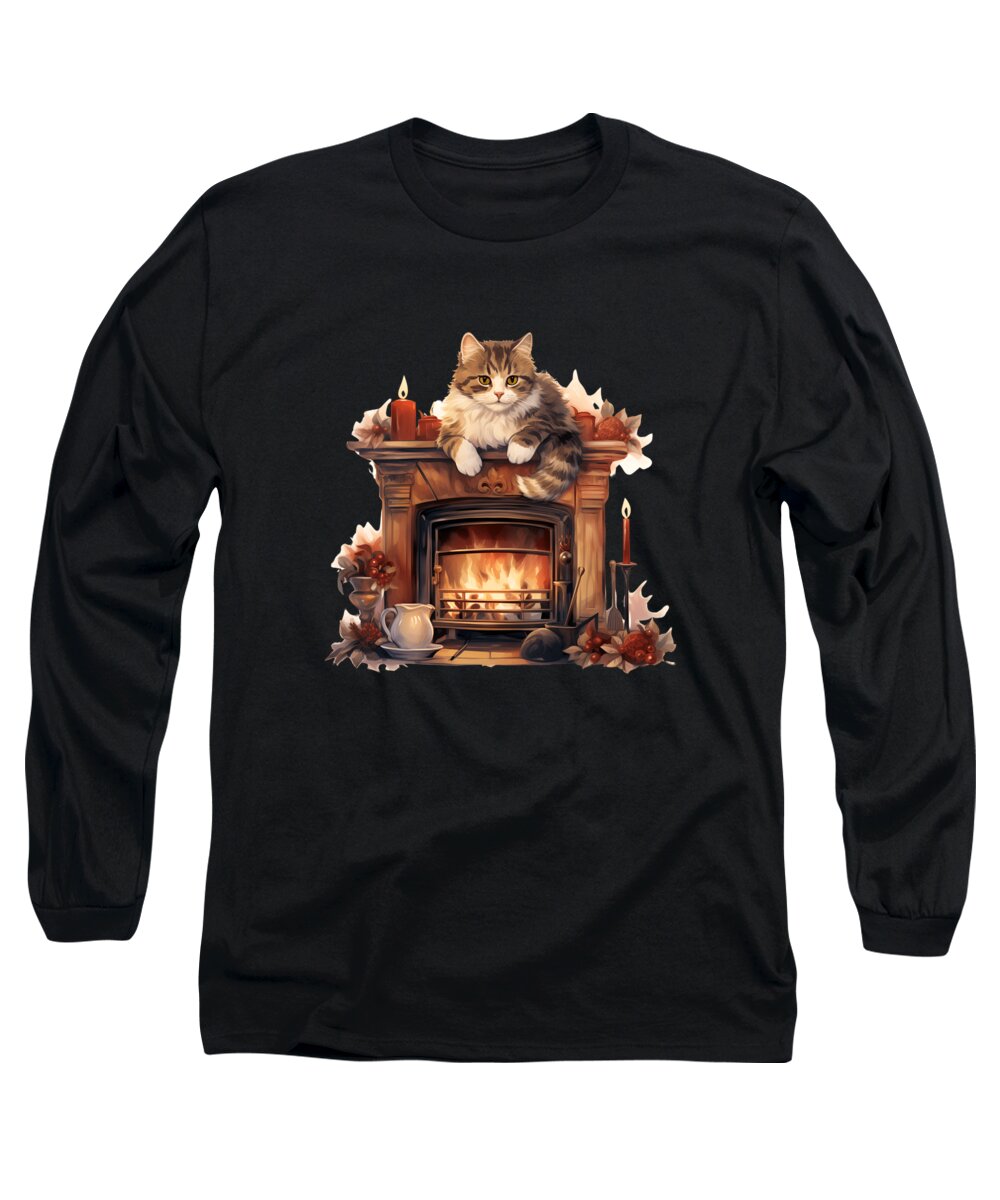 Warmth Long Sleeve T-Shirt featuring the digital art Cat Laying by Fireplace Winter Holiday Kitten #3 by Heidi Joyce
