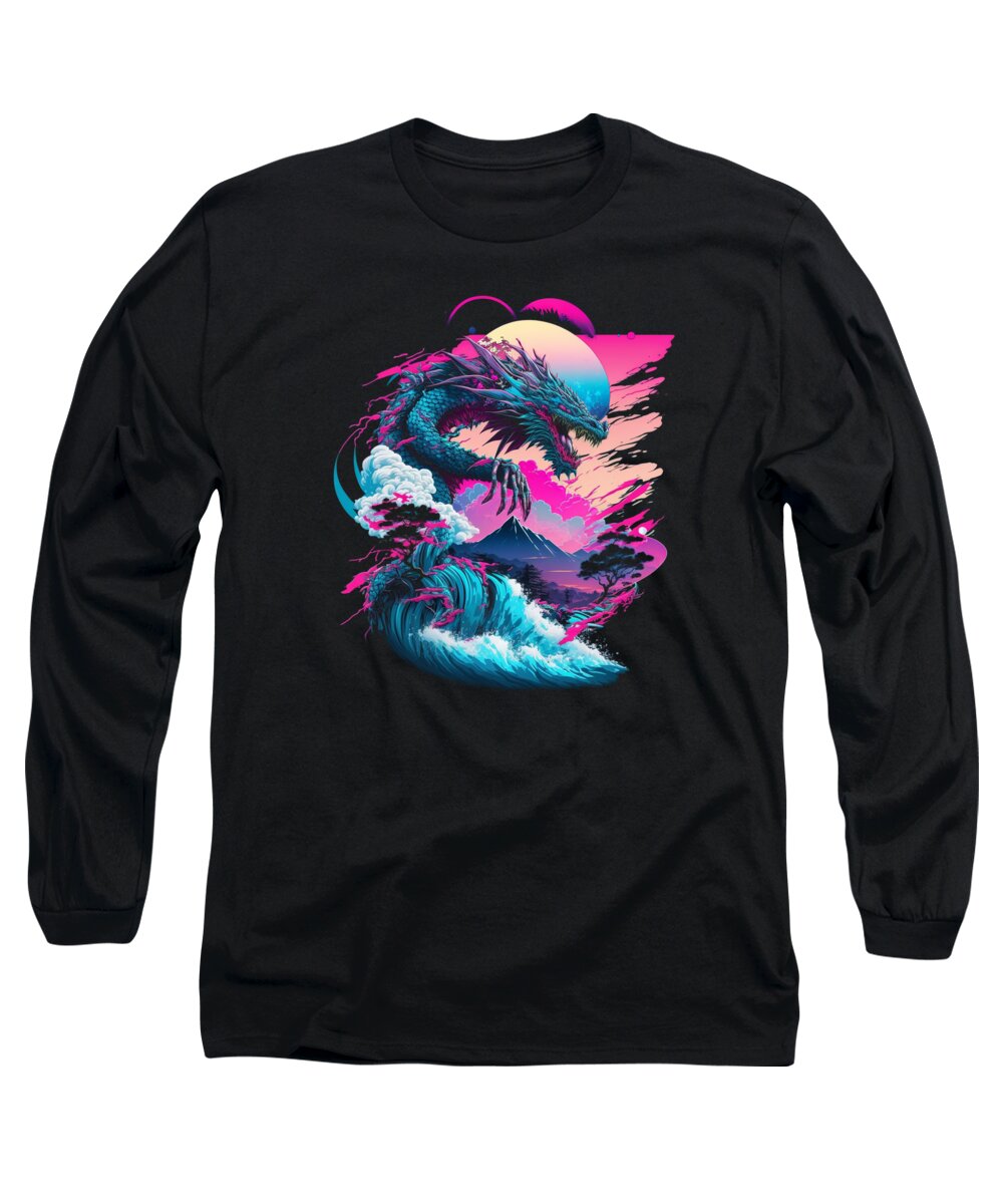 Dragon Long Sleeve T-Shirt featuring the digital art Dragon Vaporwave Abstract Landscape Moon Tree Waterfall #3 by Toms Tee Store