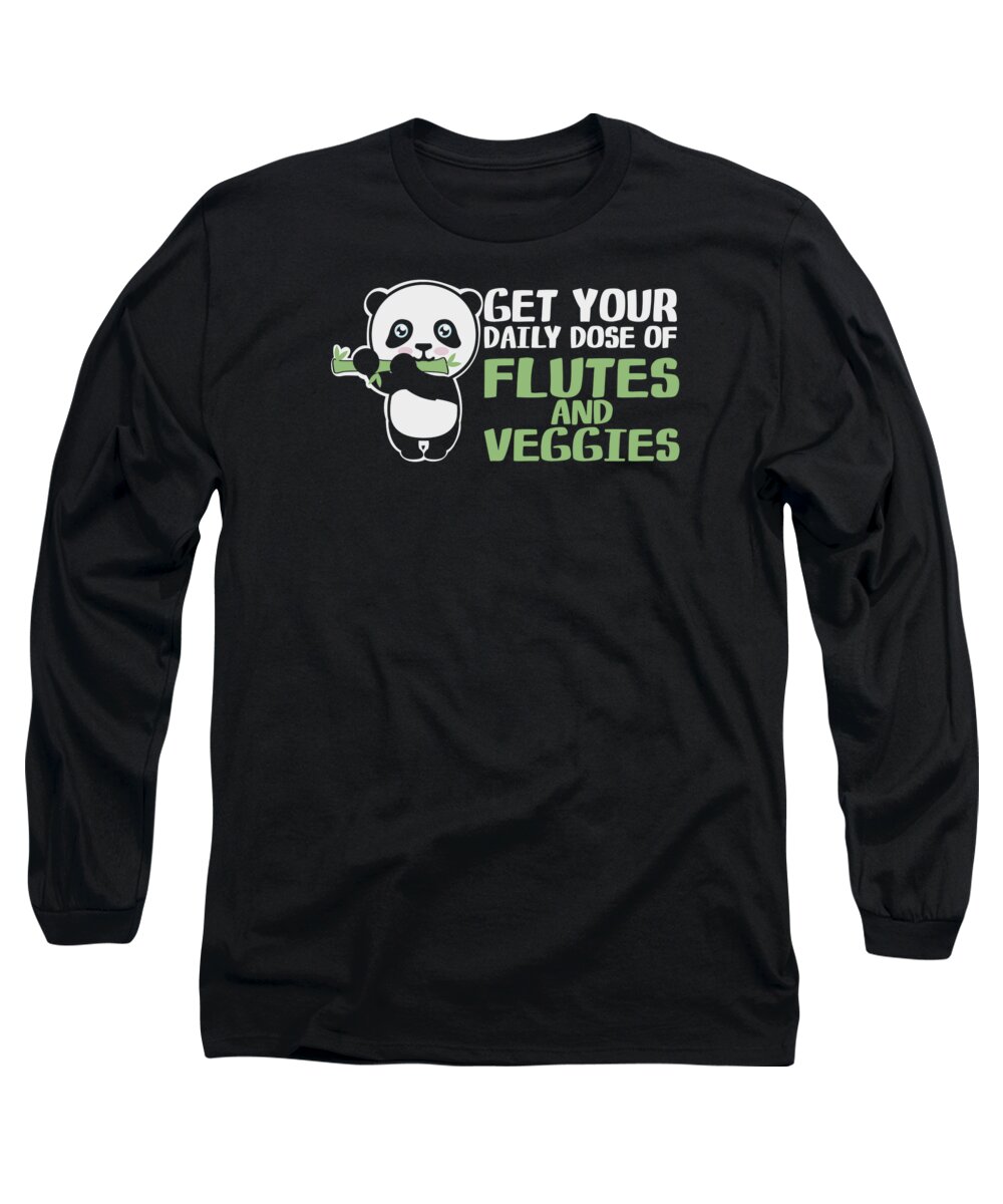 Flute Long Sleeve T-Shirt featuring the digital art Flutist Vegetables Cute Panda Vegan Bamboo Flute #3 by Toms Tee Store