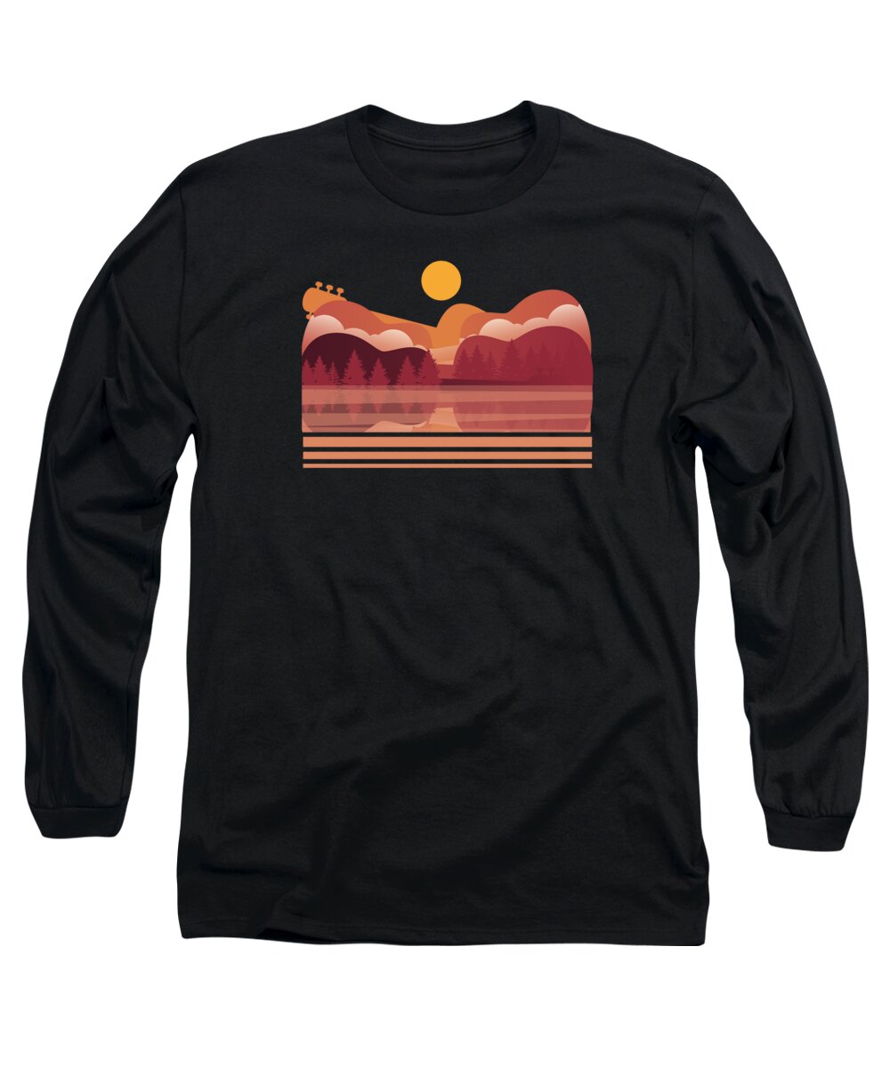 Guitar Long Sleeve T-Shirt featuring the digital art Guitar Player Retro Reflection Acoustic Electric Guitar Music #3 by Toms Tee Store