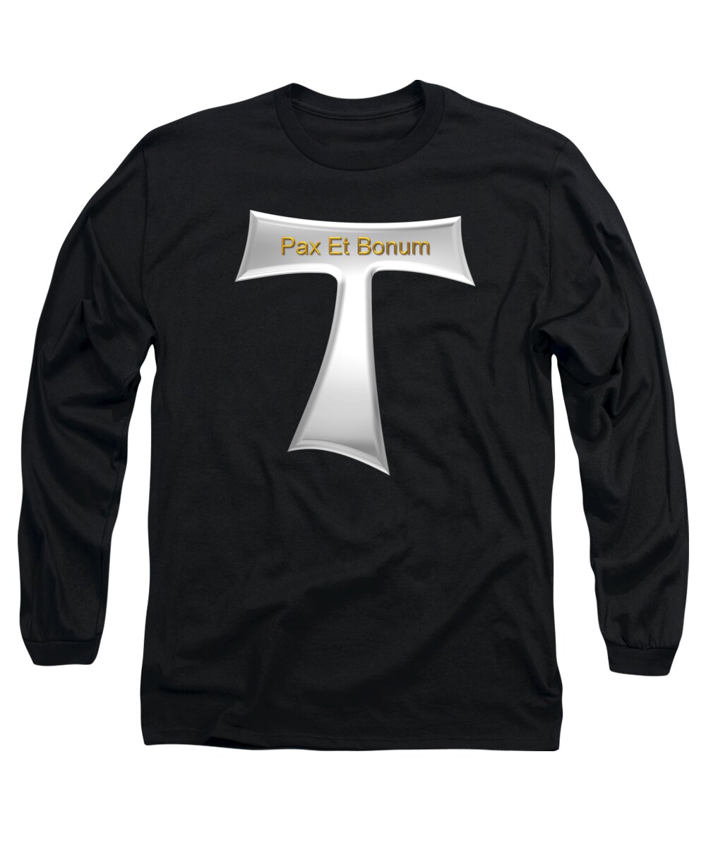 3d Look Franciscan Tau Cross Pax Et Bonum Silver And Gold Metallic Long Sleeve T-Shirt featuring the digital art 3D Look Franciscan Tau Cross Pax Et Bonum Silver and Gold Metallic by Rose Santuci-Sofranko