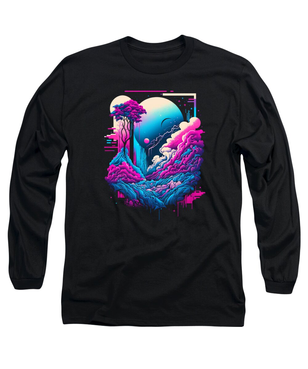Vaporwave Long Sleeve T-Shirt featuring the digital art Vaporwave Abstract Landscape Moon Tree Waterfall Blue Purple #4 by Toms Tee Store